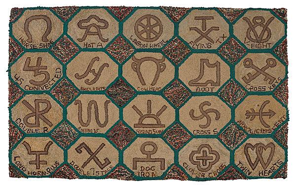 Appraisal: FOLKY HOOKED RUG WITH BRANDING EMBLEMS American ca - wool