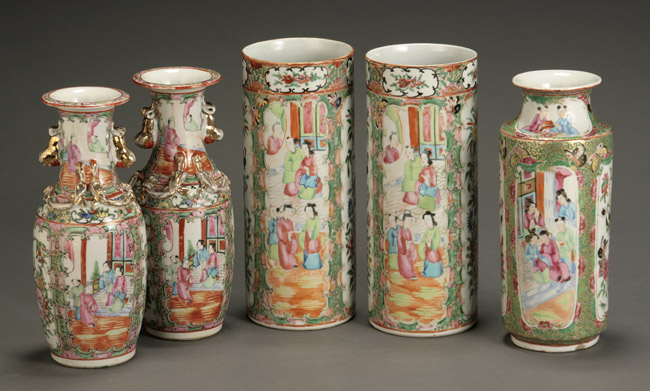 Appraisal: Group of Five Chinese Export 'Rose Medallion' Vases Guangxu-Xuantong Period