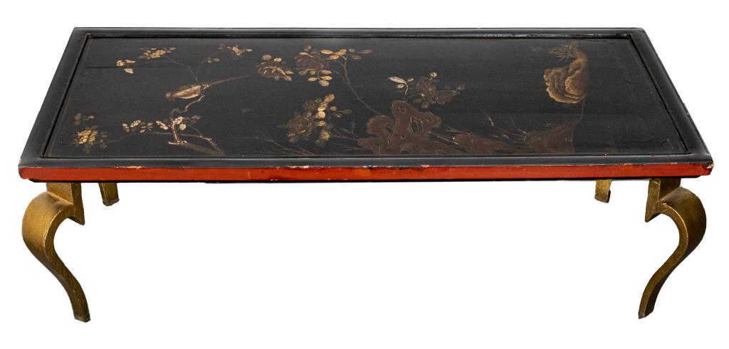 Appraisal: CHINOISERIE BLACK COFFEE TABLE Chinoiserie black coffee table lacquered wood