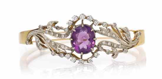 Appraisal: A Karat Gold Amethyst and Diamond Hinged Bangle Bracelet containing