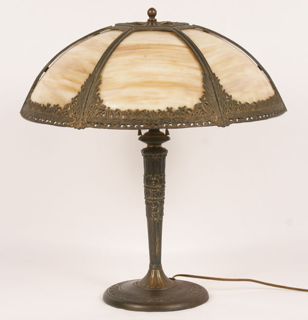 Appraisal: Caramel slag glass table lamp six panels embossed floral and