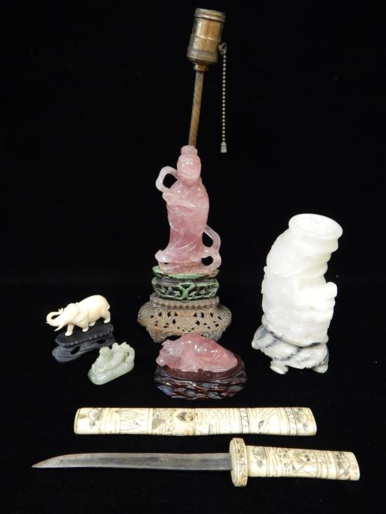 Appraisal: ASIAN six pieces c carved rose quartz maiden figure on