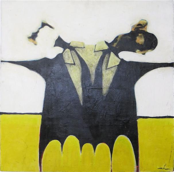 Appraisal: OIL ON BOARD Two headed monster wearing a suit Image