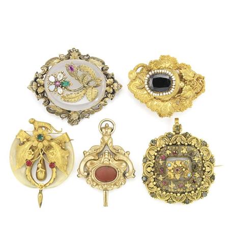 Appraisal: Four Antique Gold and Stone Brooches and Carnelian Watch Fob