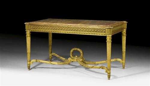 Appraisal: CARVED GILTWOOD CENTRE TABLE Louis XVI style German circa Richly