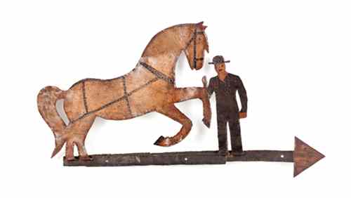 Appraisal: Painted sheet iron man and horse weathervane th c h