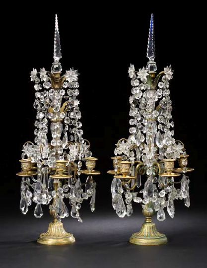 Appraisal: Tall Pair of French Gilt-Brass and Cut Glass Five-Light Candelabra