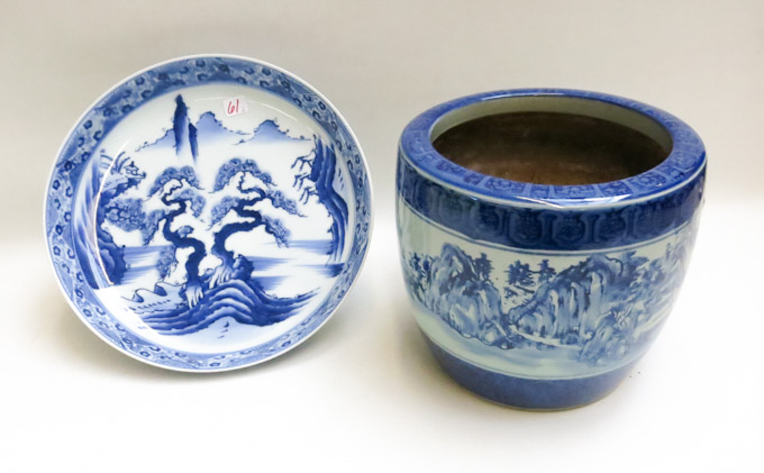 Appraisal: TWO JAPANESE BLUE AND WHITE PORCELAINS jardiniere having mountain landscape