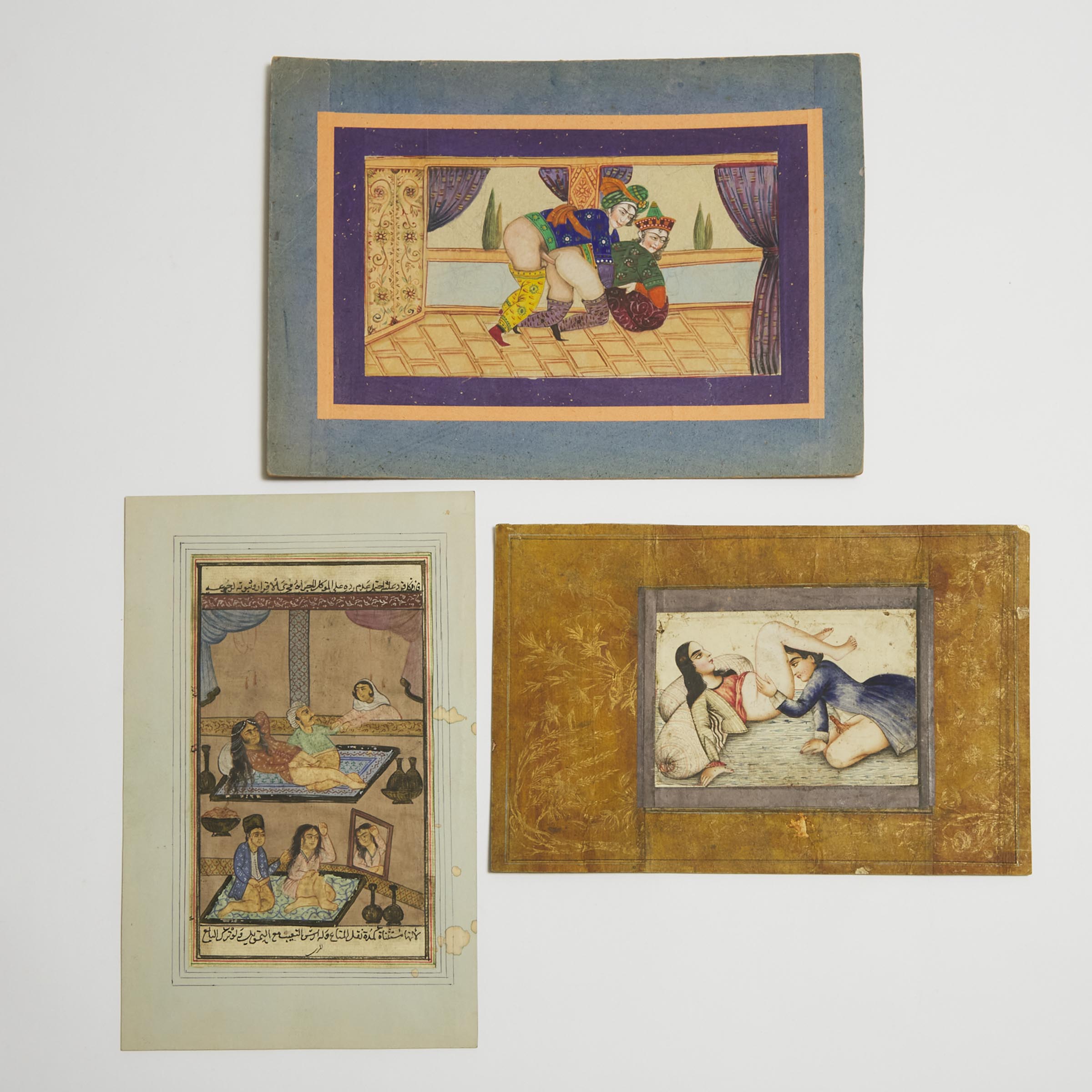 Appraisal: Three Erotic Watercolour Paintings Persia th th Century Ink and