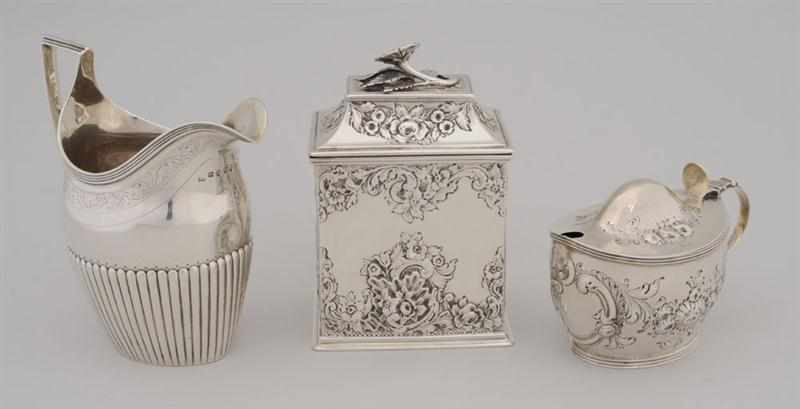 Appraisal: THREE GEORGE III SILVER ARTICLES Comprising a floral repouss block-form