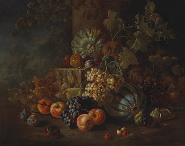 Appraisal: French School th Century A still life with grapes peaches