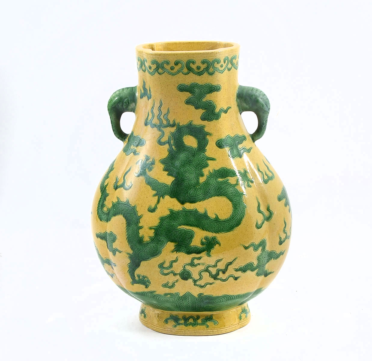 Appraisal: YELLOW GROUND FAMILLE VERTE DRAGON VASE Chinese Famille Verte Yellow