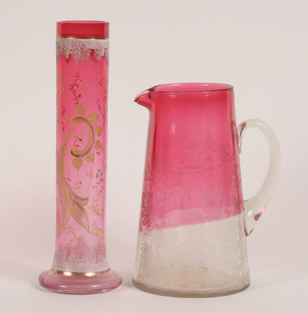 Appraisal: Ruby flash pitcher and vase applied floral and avian decoration