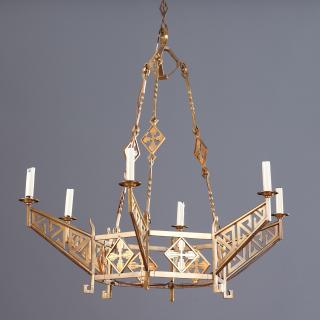 Appraisal: Art Deco bronze -arm chandelier th c geometric design no