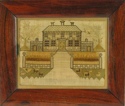 Appraisal: A mid th century needlework picture of a country house