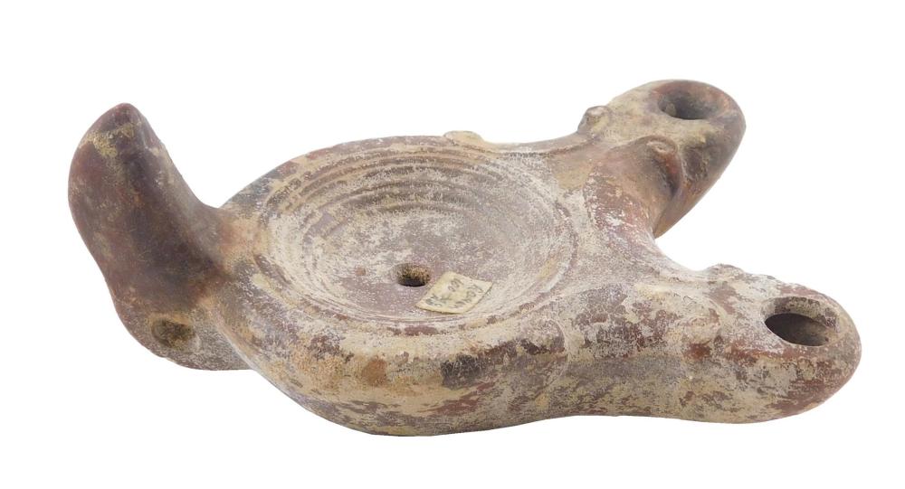 Appraisal: ANTIQUITY Double Spout Oil Lamp Roman Empire c nd century