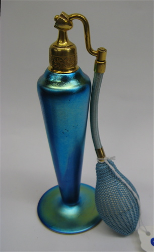 Appraisal: STEUBEN BLUE IRIDESCENT ART GLASS PERFUME BOTTLE with blue atomizer