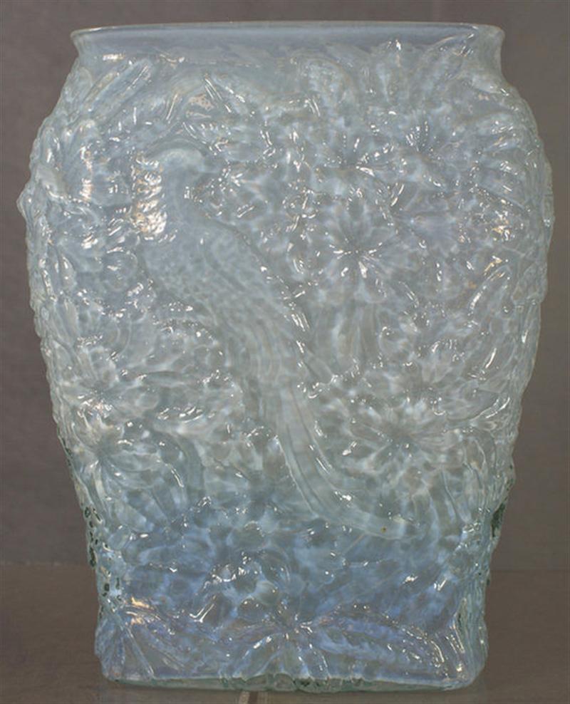 Appraisal: Pale blue opalescent glass vase with embossed bird and floral