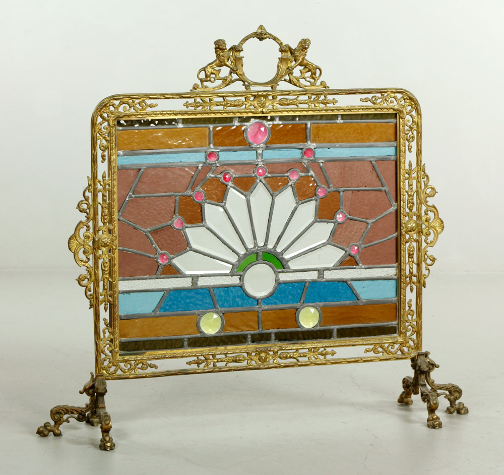 Appraisal: - Victorian Leaded Glass and Brass Fire Screen Victorian fire