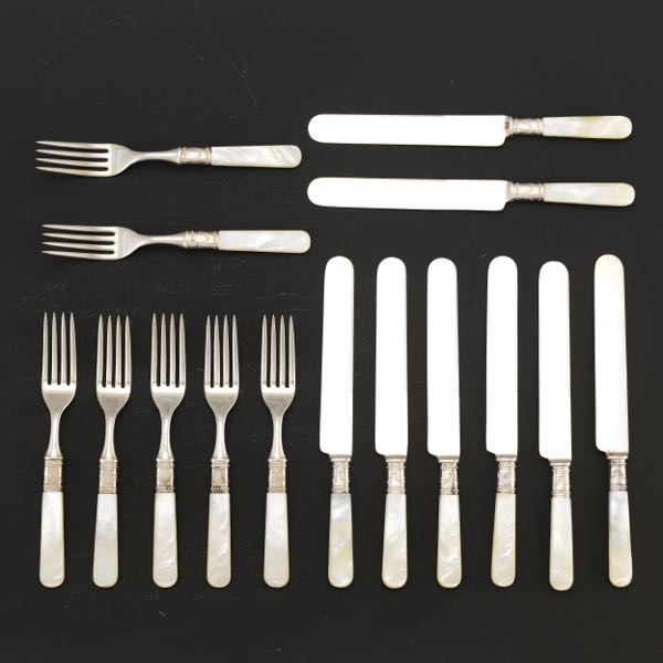 Appraisal: STERLING AND MOTHER OF PEARL FISH FORKS AND KNIVES Including