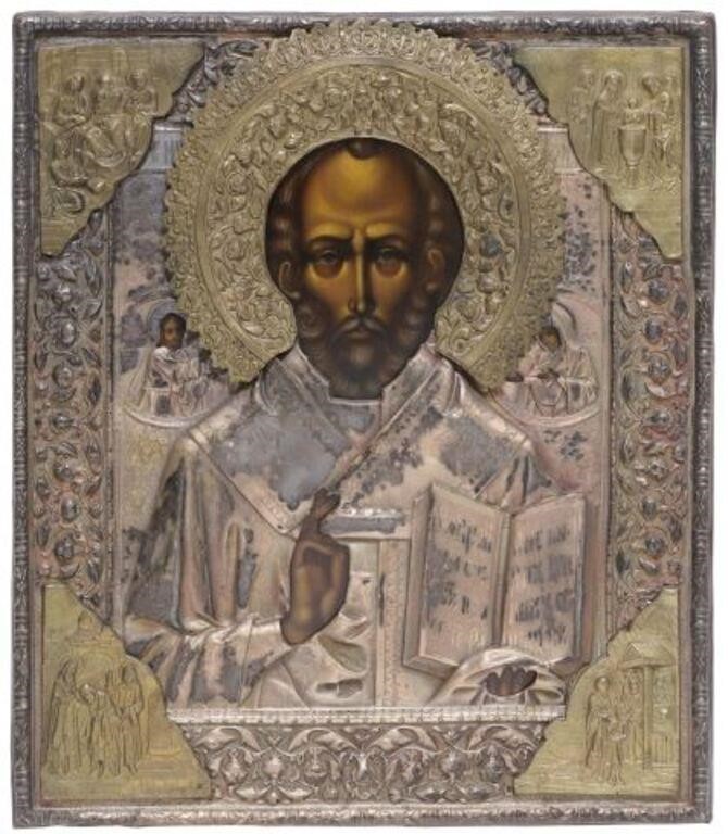 Appraisal: Russian Orthodox religious icon Saint Nicholas of Myra gilt and