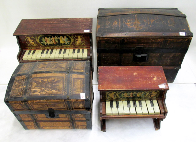 Appraisal: TWO SCHOENHUT TOY PIANOS AND TWO DOLL TRUNKS piano heights