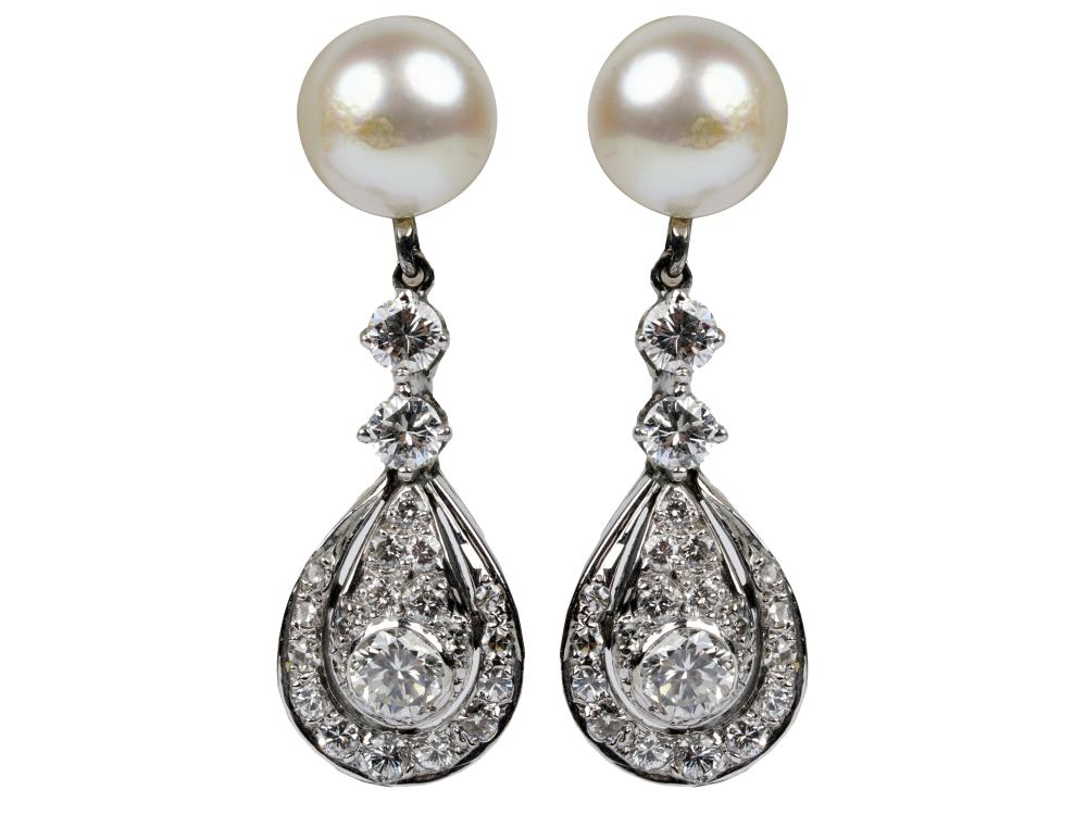 Appraisal: PAIR OF KARAT WHITE GOLD DIAMOND CULTURED PEARL DROP EARRINGScontaining