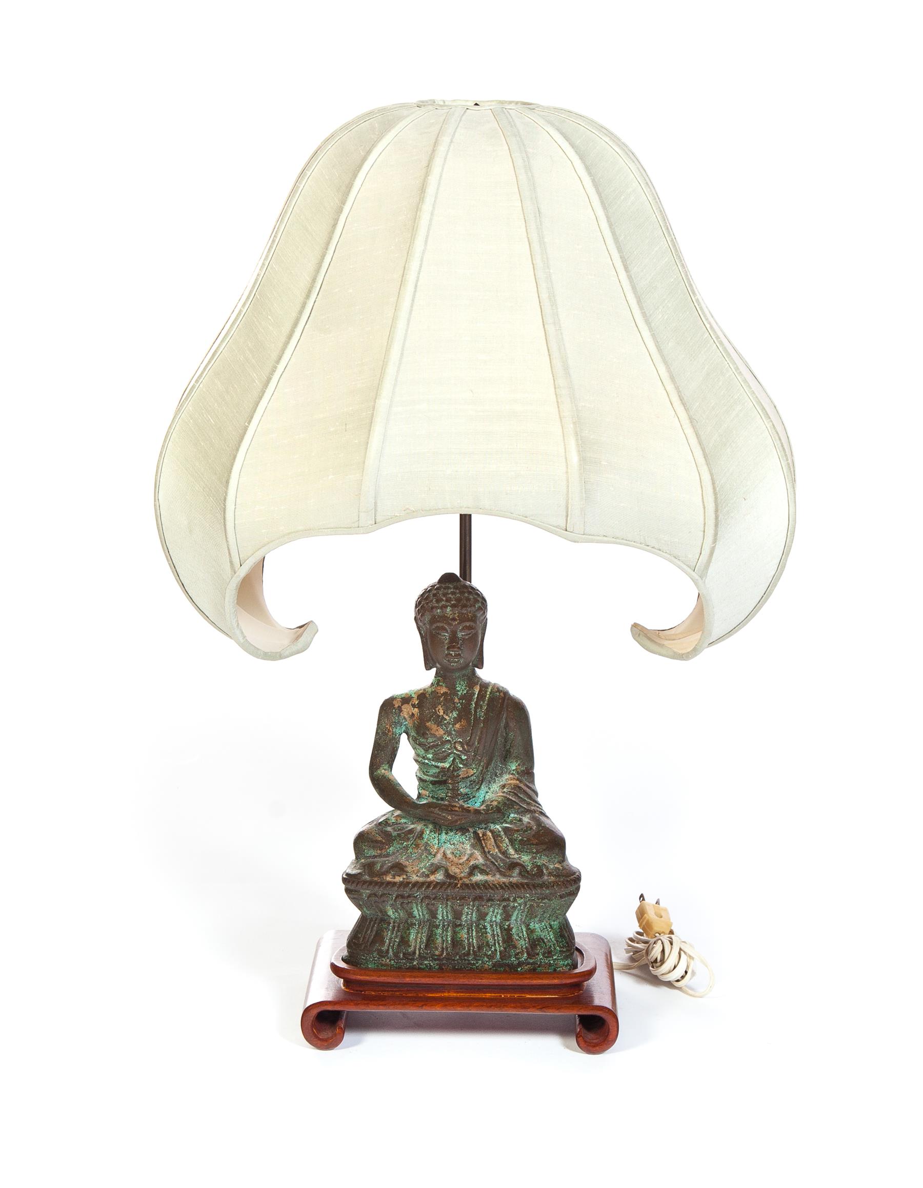 Appraisal: BUDDHA TABLE LAMP Twentieth century Two-socket lamp with bronze Buddha