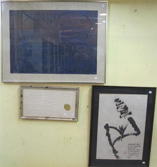 Appraisal: THREE MISCELLANEOUS FRAMED ARTWORKS office use and James Ridlon and