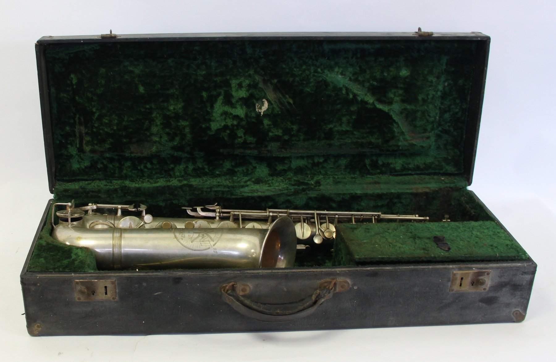 Appraisal: A silver plated saxophone 'The Defiant' marked Hessy's Ltd Manchester