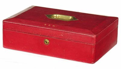 Appraisal: A red leather dispatch box with sunken brass handle and