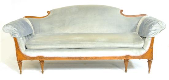 Appraisal: French style blue velvet sofa scrolled back button tufted arms