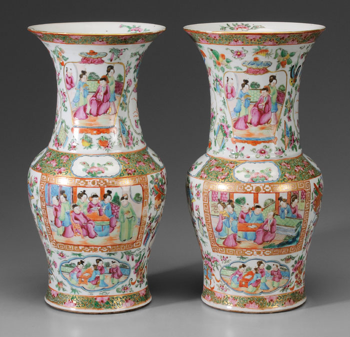 Appraisal: Pair Famille Rose Porcelain Vases Chinese th century trumpet balusters