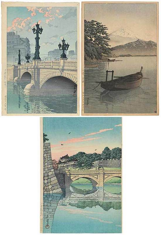 Appraisal: Kawase Hasui Three Woodblock Prints Unframed Japanese - Views of