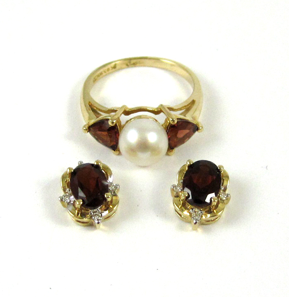 Appraisal: THREE ARTICLES OF GARNET JEWELRY including pair of k yellow