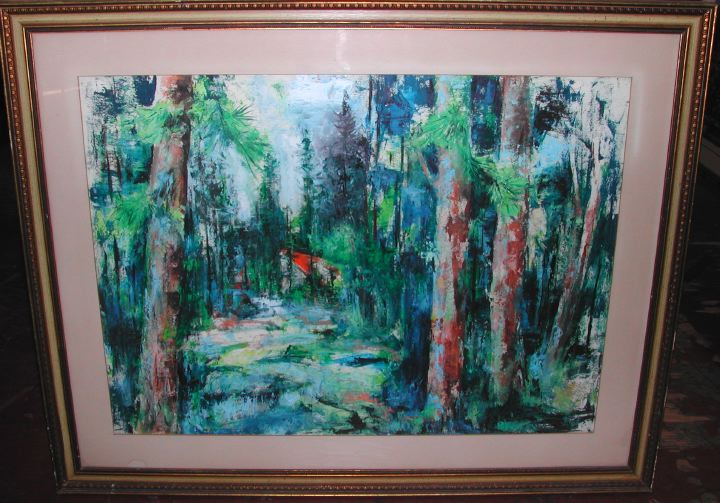 Appraisal: American School Contemporary Woodland Cabin Scene acrylic on paper sight