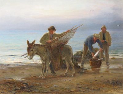 Appraisal: J K Mackie th Century Fishermen loading their donkey Signed