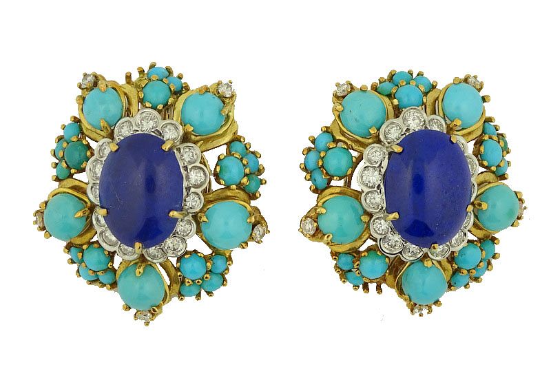 Appraisal: French K Turquoise Lapis And ct Diamond Earrings French K