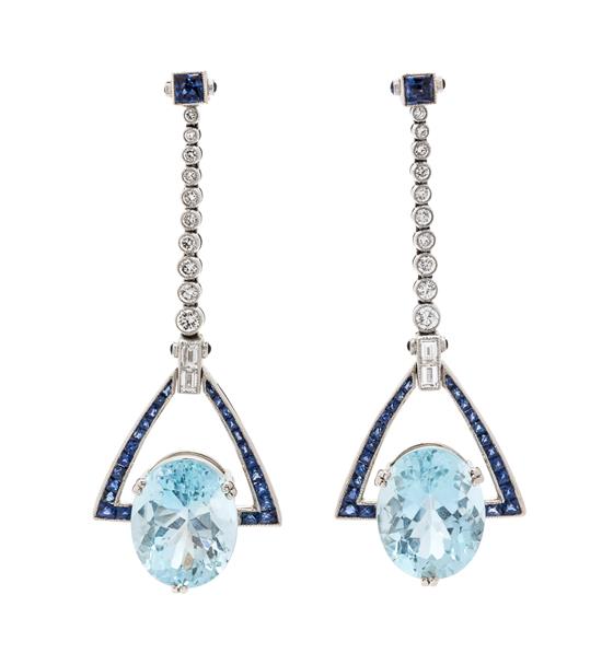 Appraisal: Sale Lot A Pair of Platinum Aquamarine Diamond and Sapphire