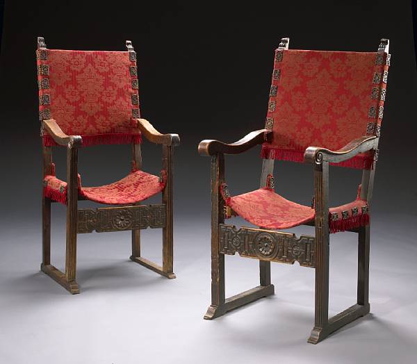 Appraisal: A pair of Italian Baroque walnut armchairs th century with