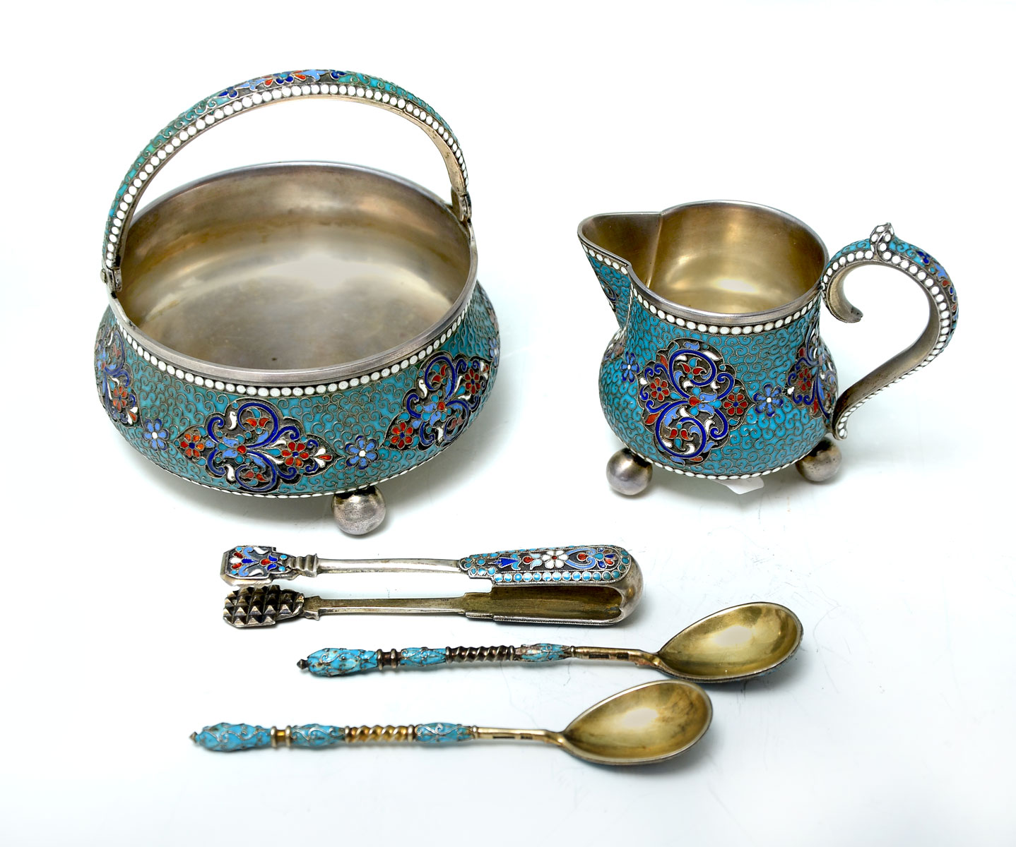 Appraisal: KLINGERT RUSSIAN SILVER CLOISONNE SUGAR CREAMER UTENSILS Sugar and creamer