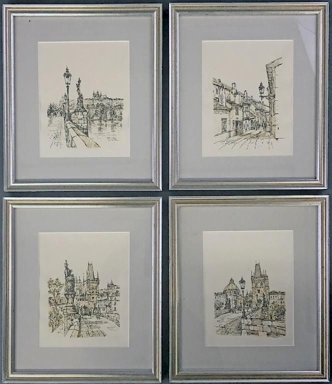 Appraisal: Four Pen and Ink Drawings of Prague Four pen and