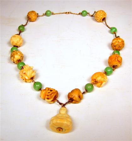 Appraisal: Carved japanese ivory beaded necklace and earrings th century