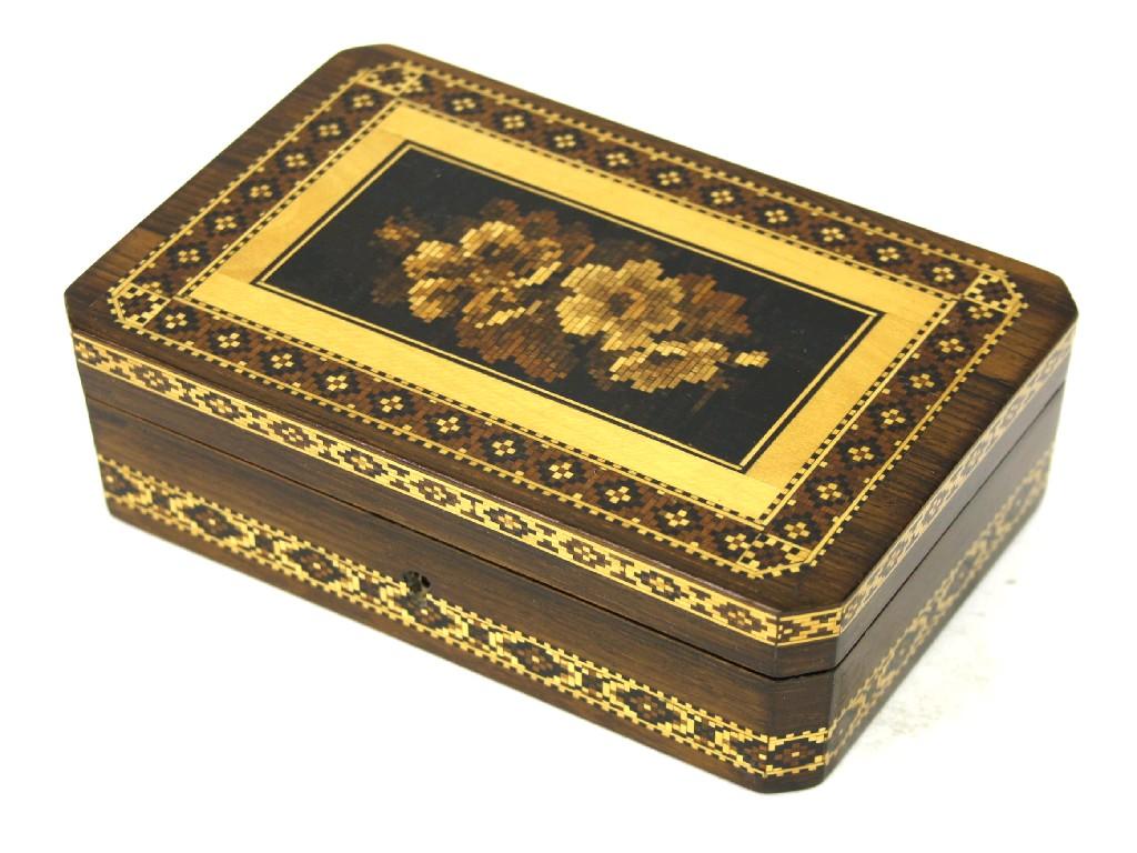 Appraisal: Small Tunbridge Ware rectangular box with canted corners the hinged