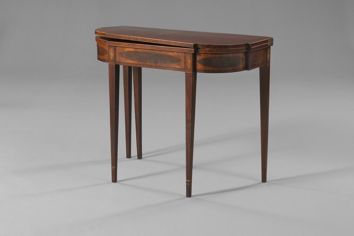 Appraisal: AMERICAN HEPPLEWHITE INLAID MAHOGANY CARD TABLE The oblong hinged top