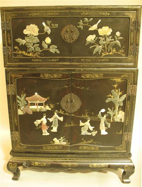 Appraisal: CHINESE INLAID BLACK LACQUER CABINET ON CHEST The top section