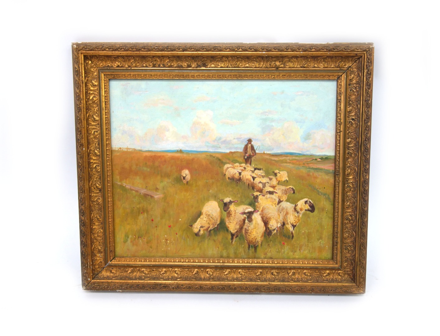 Appraisal: English School th Century A shepherd with his flock oil