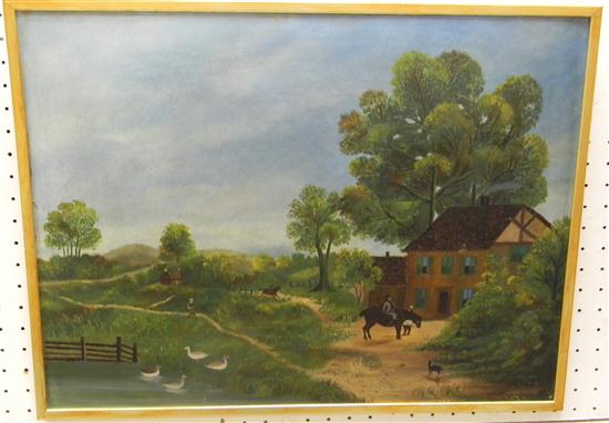 Appraisal: Naive unsigned oil on board landscape with man on horseback