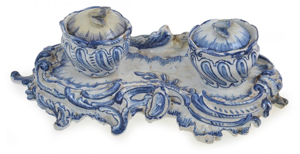 Appraisal: TH CENTURY DELFT TIN GLAZED DOUBLE INKWELL RESTORED