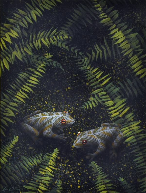 Appraisal: LIN ONUS - Frogs in Ferns acrylic on illustration board